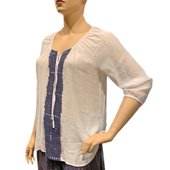 Spense Peasant Blouse Size XL Boho White Tunic w/ Blue Crocheted Tie Front - Picture 3 of 10